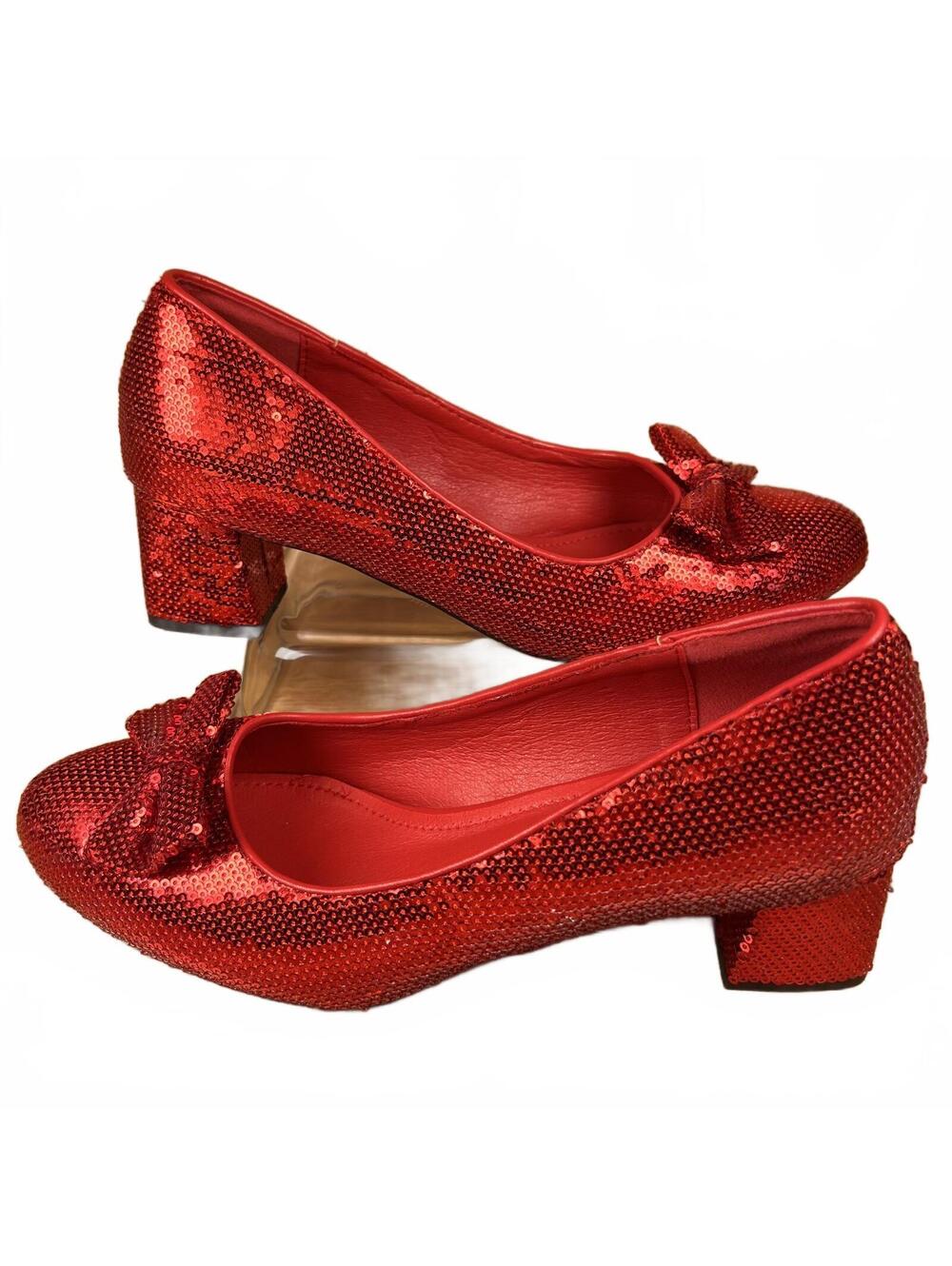 Charming Ruby Red Sequin Low Heel Pumps with Bow Accent